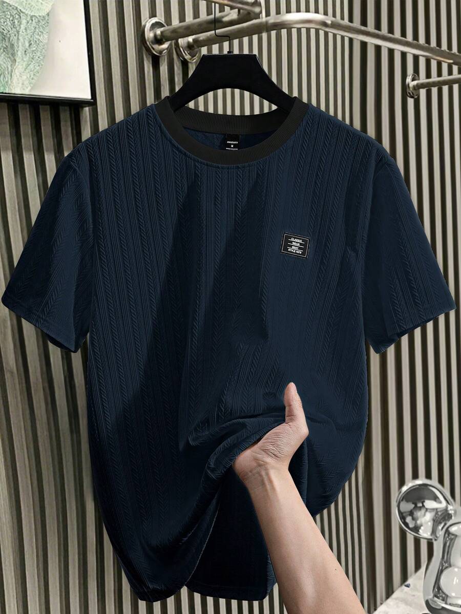 Manfinity Homme 男士短袖T恤,針織提花麥穗花卉設計,時尚百搭,適合日常穿著,送給男朋友或丈夫的理想禮物 - 藏蓝色 - 查看 1