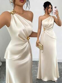 Elenzga Women's Spring/Summer New Elegant Satin Asymmetric Shoulder Metallic Floral Decor Waist Cinched Bodycon Dress Dinner Formal Date Champagne Wedding - Apricot - View 1