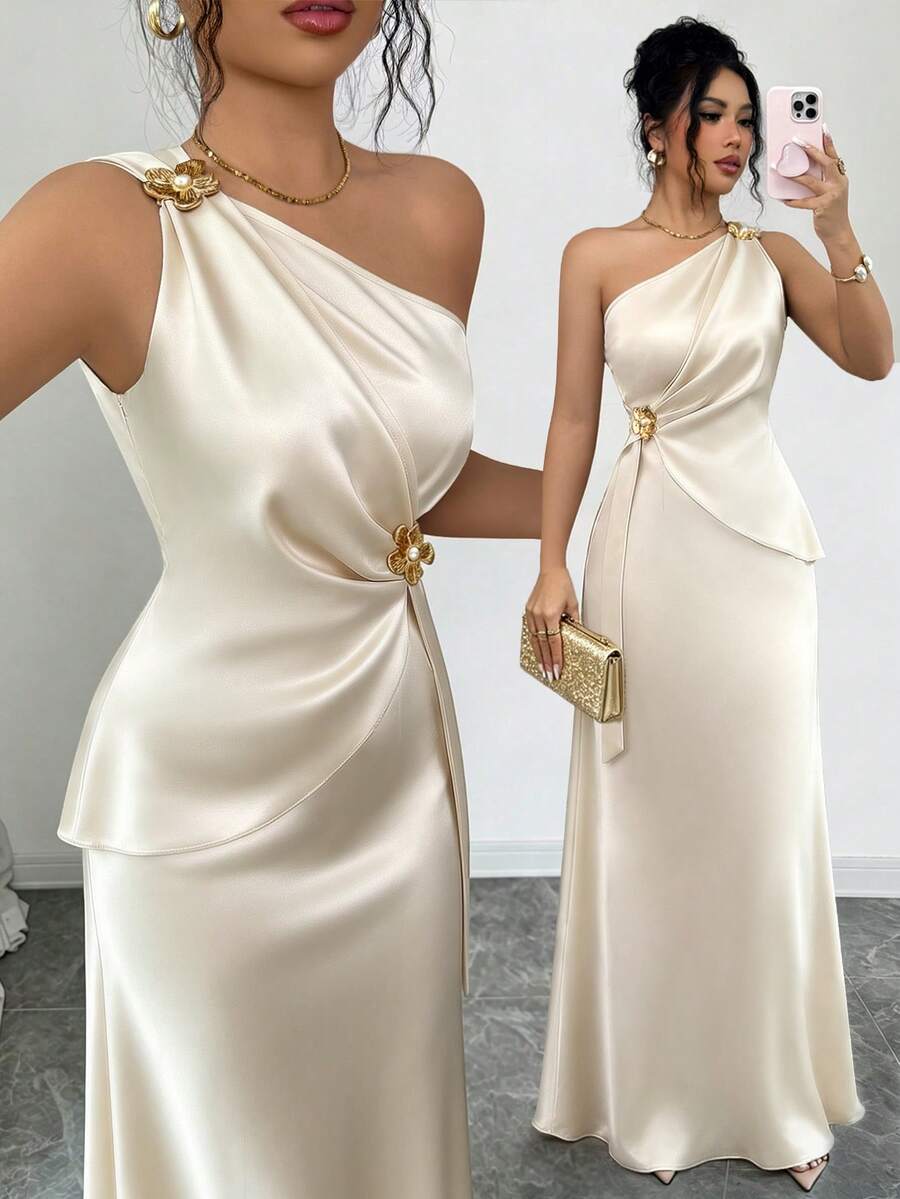 Elenzga Women's Spring/Summer New Elegant Satin Asymmetric Shoulder Metallic Floral Decor Waist Cinched Bodycon Dress Dinner Formal Date Champagne Wedding - Apricot - View 1