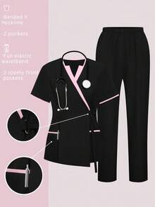 TaskEZ Scrubs Set: V-Neck Short Sleeve Top & Pants Scrub Uniform For Healthcare Workers - Black - View 1