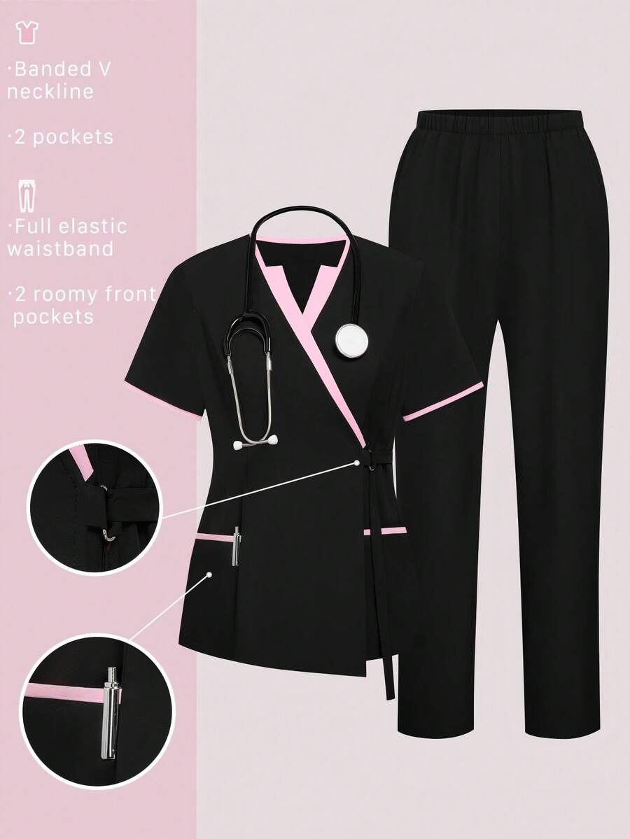 TaskEZ Scrubs Set: V-Neck Short Sleeve Top & Pants Scrub Uniform For Healthcare Workers - Black - View 1
