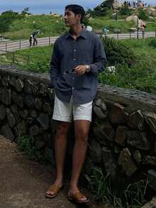 DAZY 春季海軍藍條紋長袖男士襯衫 - 藍白色 - 查看 4