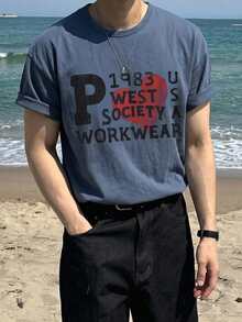 DAZY 夏季短袖字母印花藍色男士T恤圖案上衣 - 藍色 - 查看 8