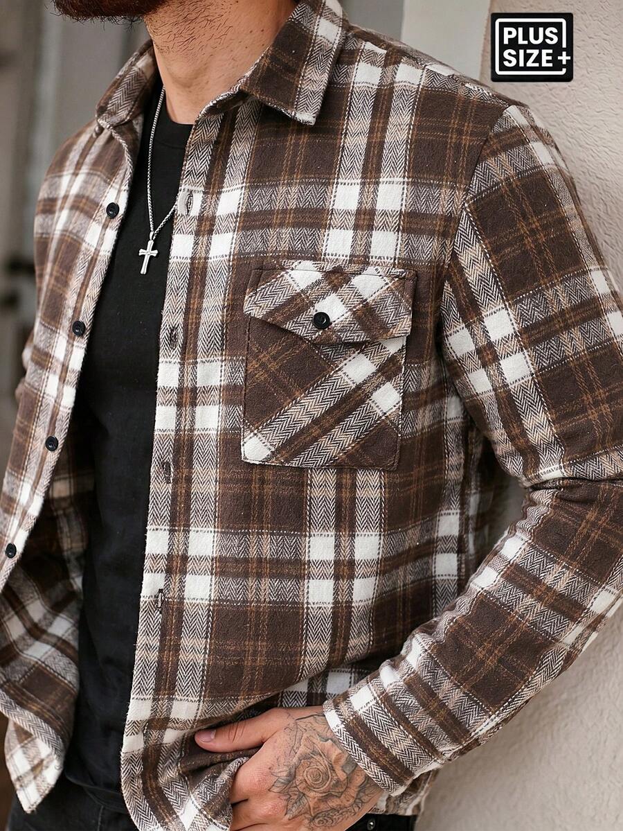 Manfinity Homme Men's Plus Size Casual Plaid Shacket, Spring/Autumn - Multicolor - View 1