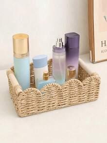 1PC Paper Rope Rattan Woven Storage Basket, Tea Table Storage Box, Toys, Snacks, Cosmetics Storage, Japanese Wooden Handle, Petal Style Storage - Brown - View 5