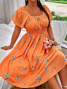 SHEIN MOOSTA Plus Size Women's Floral Print Pleated Elegant Waist-Cinched Date Party Dress - Orange - View 6