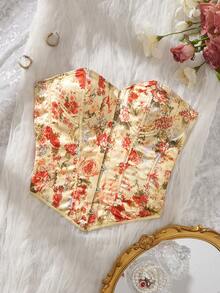 Myrelith Vintage Oil Painting Rose Print Corset With Front Hook-And-Eye Closure, Back Lace-Up Waist Cincher And Boning Dinner Red - Multicolor - View 1