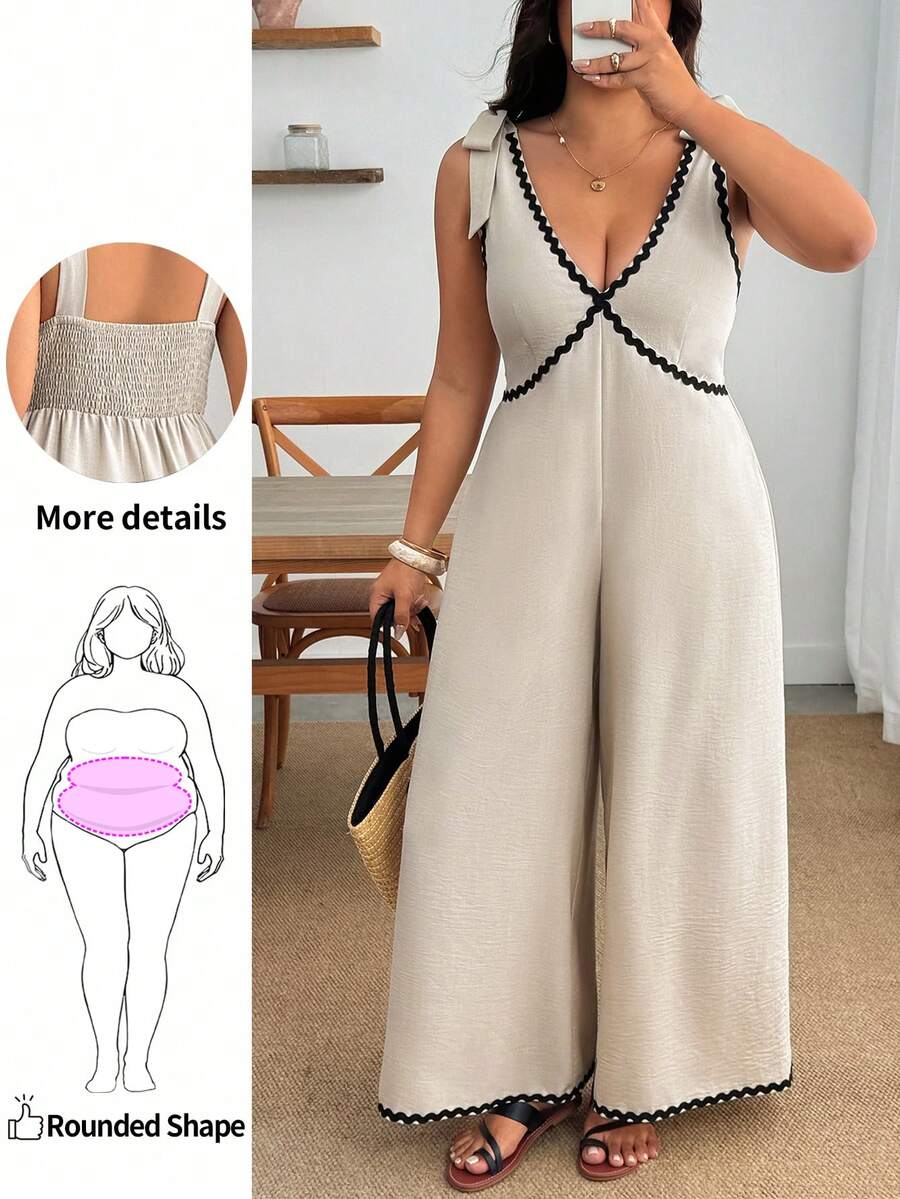 Enliva Plus Size Women's Sleeveless Colorblock Midi Jumpsuit, Fashionable Summer Vacation Casual Style, Suitable For Apple And Curvy Body Types - Multicolor - View 1