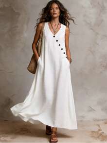 Solivie Women's Solid Color Button Design V-Neck Pocket Casual Sleeveless Long Dress Vacation All White Summer - White - View 2