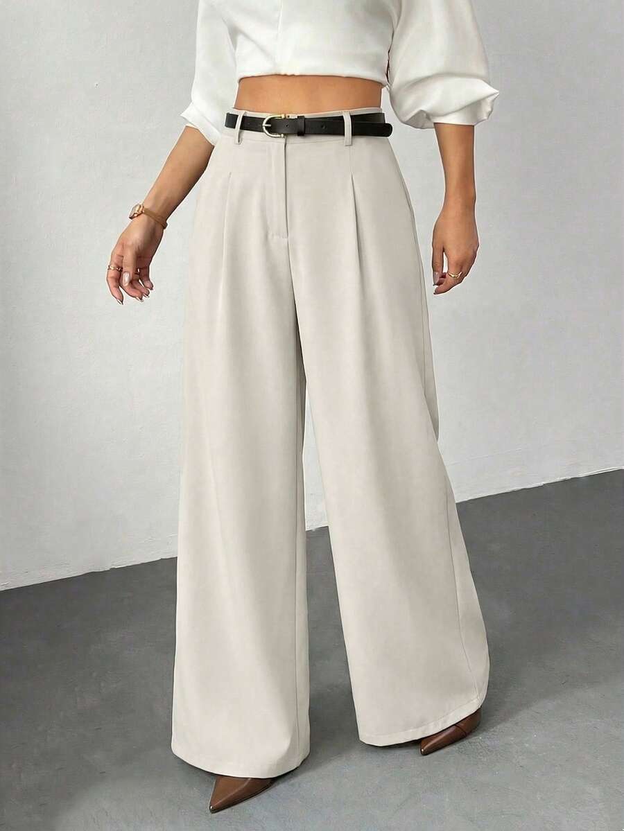SHEIN PETITE Women's Black Solid Color Wide Leg Pants With Belt, Casual Wide Leg Trousers Suitable For Petite - Apricot - View 1
