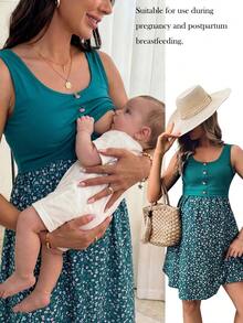 SHEIN Maternidad Vestido con estampado floral con botón delantero amamantamiento - Verde - Ver 1