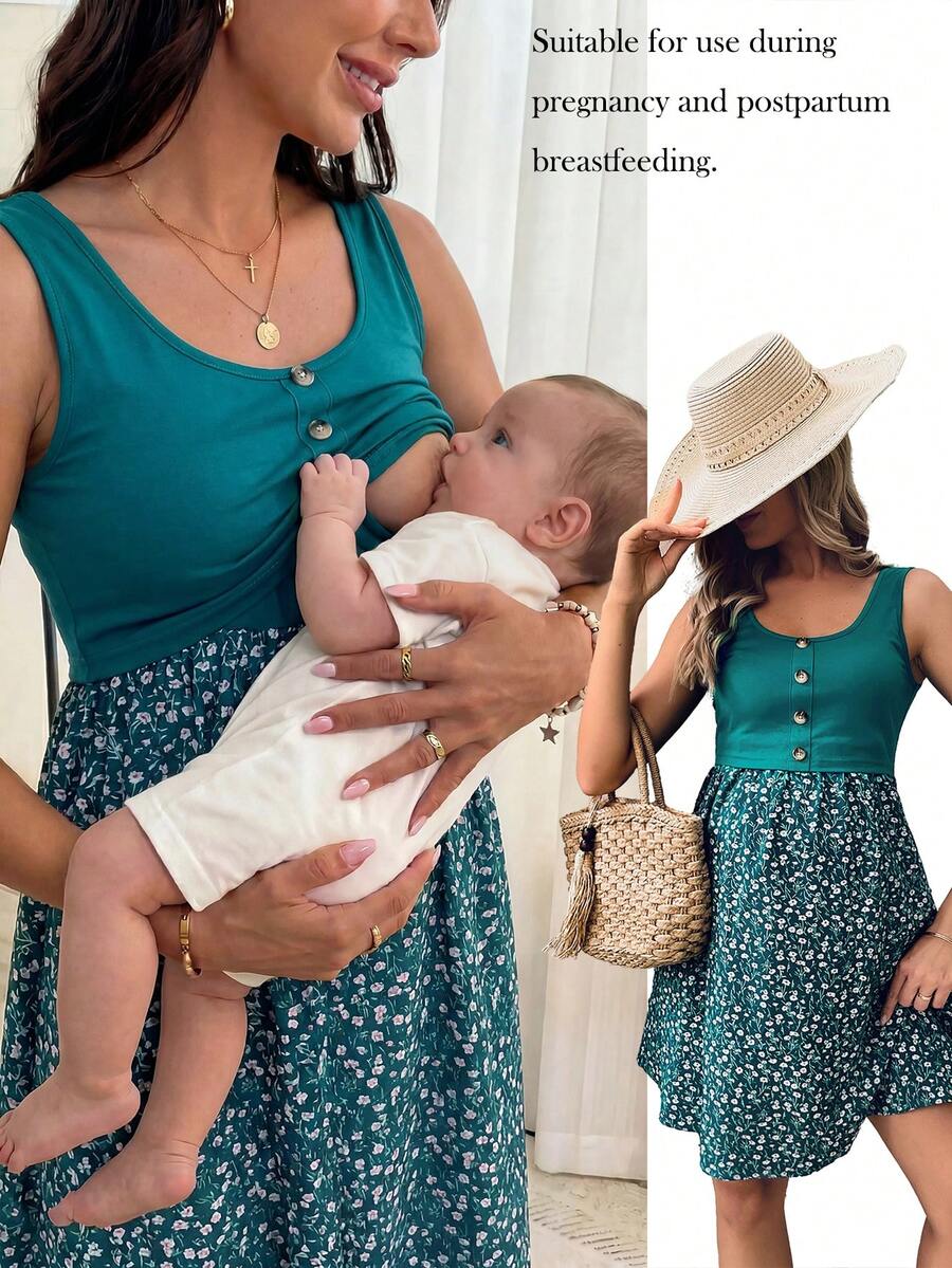 SHEIN Maternidad Vestido con estampado floral con botón delantero amamantamiento - Verde - Ver 1