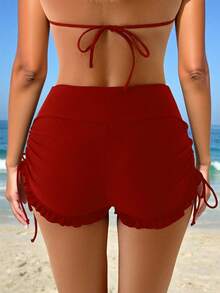 Swim Lushoire Women's Summer Beach Casual Vacation Side Drawstring Ruffle Black Swimwear Bottoms - Red - View 2
