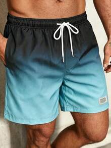 Naviga Onda Men's Vacation Letter Patched Gradient Drawstring Waist Beach Shorts, Holiday - Black - View 3