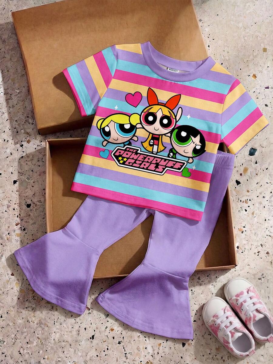 THE POWERPUFF GIRLS X SHEIN 女嬰圓領字母卡通印花短袖T恤與喇叭褲休閒日常穿搭套裝 - 彩色 - 查看 1
