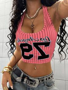 StreetHx English Striped Print Street Style Halter Tank Top - Dusty Pink - View 6