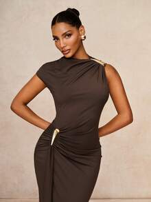 Lumalex Dark Brown Asymmetric One Shoulder Maxi Dress With Hardware Ruched Hip Draped Skirt And Front Slit Luxury Elegant For Party Bar Party Dinner Summer - Brown - View 6