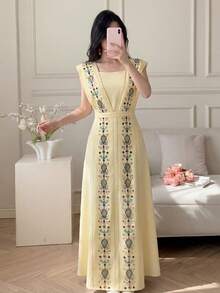 Celisse 亮片刺繡 2合1腰帶式包臀優雅女款長洋裝 - 黃色 - 查看 3