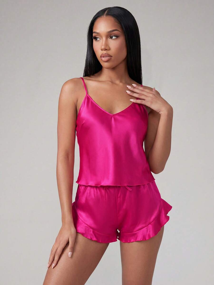 Silforma Women Satin Camisole & Shorts Pajama Set - Hot Pink - View 1