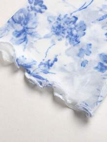 SHEIN 青少年女孩時尚法式優雅藍白花卉不對稱設計不對稱肩抓皺長袖T恤，設計師上衣，適合假期家庭戶外秋季野餐、勤奮、優雅、海灘、波希米亞、夏威夷、音樂節，秋季長袖T恤 - 藍色 - 查看 6