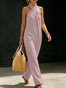 SHEIN Holidaya Mono halter de color caqui para vacaciones de mujer, mono a juego para vacaciones de mujer, conjunto de vacaciones de mujer - Rosa - Ver 6