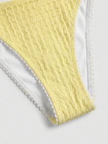 Sweetra Swim Vcay 2pcs Women Lace Trim Jacquard Triangle Bikini Set,Strap Tie Up Halter Yellow Bikini Set With Gold Shell Decor For Summer Beach Vacation - Yellow - View 6