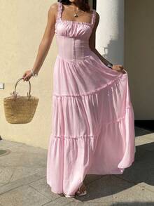 Sunnyshic Vestido de mujer blanco con tirantes finos, fruncido, de corte A y talla grande, romántico, elegante y de moda para vacaciones en la playa, salidas, citas, cumpleaños, bodas, primavera/verano - Rosa - Ver 1