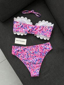 Swim Mod 女款泳衣，女孩甜美可愛碎花平口上衣，波浪花瓣飾邊，紋理羅紋布料 - 彩色 - 查看 3