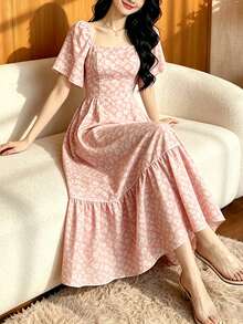 Modelyn 粉色碎花优雅连衣裙，女士时尚方领泡泡袖连衣裙，荷叶边下摆设计，夏季度假风连衣裙 - 彩色 - 查看 4