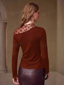 MOTF PREMIUM LACE MESH PATCHWORK RIBBED KNIT T-SHIRT - Brown - View 3