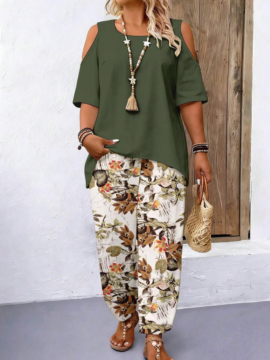 Breezaya 2件組大尺碼露肩短袖上衣與休閒寬鬆舒適長褲套裝,大尺碼印花穿搭 - 彩色 - 查看 1