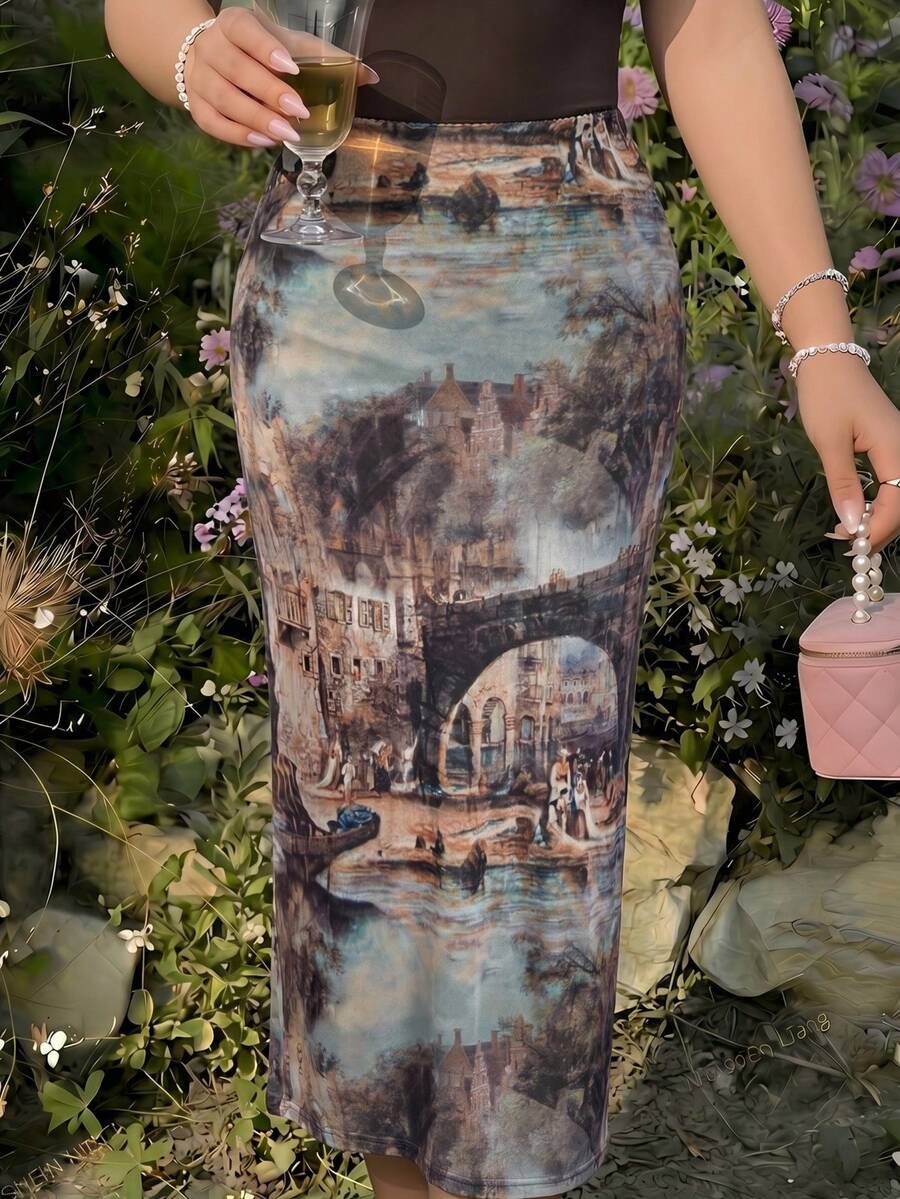SHEIN MOD 大码复古油画印花开衩下摆半身裙 - 彩色 - 查看 1