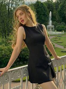 SHEIN MOD Black Boat Neck Split Bow Short Jumpsuit Tea Party Summer Elegant,Women Festival Outfits ,Party,Dresses For Holiday,Office Outfits For Women - Black - View 8