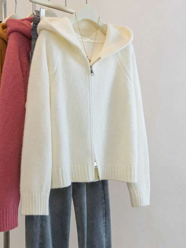 Franclia Women's Slouchy Apricot Double Zipper Hooded Knit Cardigan, Loose Soft Cozy Sweater Jacket Top, Autumn/Winter Design
