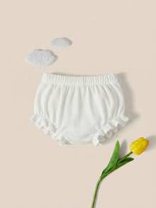 SHEIN Newborn Baby Casual Solid Color Ribbed Knit Elastic Waist Ruffle Hem Romper Shorts - White - View 4