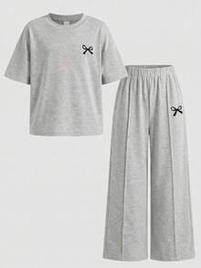 SHEIN Young Girl Bow Print Round Neck Short Sleeve T-Shirt And Pants Casual Set - Grey - View 5