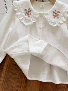 LMoss Kids 女童法式優雅梭織純色大翻領刺繡前扣長袖休閒襯衫 - 白色 - 查看 5