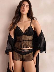 Charlaine 法式性感半透蕾絲蝴蝶結女款睡衣套裝 - 黑色 - 查看 6