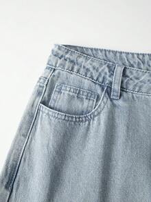 GlowEve 女款休閒百搭日常牛仔褲，附口袋、鈕扣與花卉刺繡圖案 - 中等水洗藍 - 查看 5