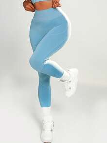 Gameset SHEIN Sport 無縫寬腰帶運動緊身褲 女款運動緊身褲 - 淺藍色 - 查看 3