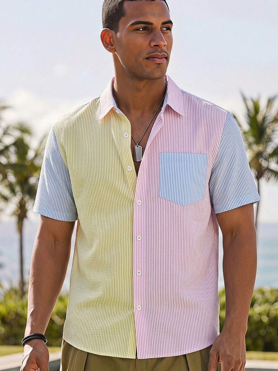 Ocevento Men's Casual Contrast Color Woven Short Sleeve Shirt - Multicolor - View 1
