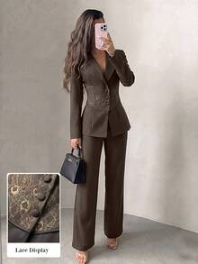 Modelyn Spring/Summer Gentle Commute Elegant Fashion Elegant Lace Patchwork Versatile Slimming Women's Suit Set - Coffee Brown - View 2