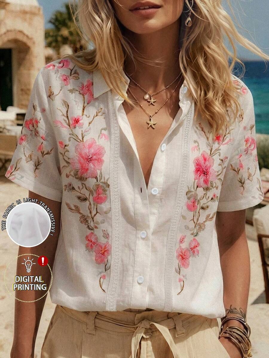 Balvessa Damen Bluse für Frühling/Sommer mit Umlegekragen, einreihig, Spitzen-Patchwork, Blumenmuster, lockere Passform, Kurzarm - Verschiedenfarbig - Übersicht 1