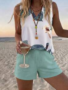 EMERY ROSE 2pcs/Set Women's Tropical Plant Print V-Neck Sleeveless Top And Shorts Suit, Vacation - Green - View 1
