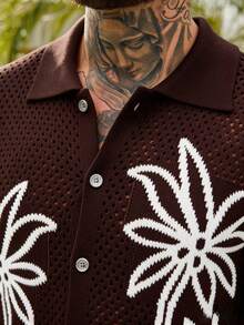 VENTUSAIL Men's Palm Tree Pattern Short Sleeve Single-Breasted Knit Cardigan - Coffee Brown - View 8