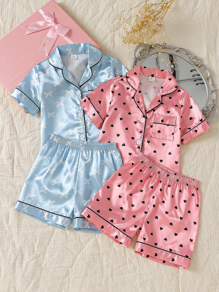 SHEIN 女童花卉愛心緞面開襟翻領睡衣套裝 4件式居家休閒服 - 彩色 - 查看 1