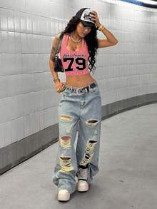 StreetHx English Striped Print Street Style Halter Tank Top - Dusty Pink - View 3