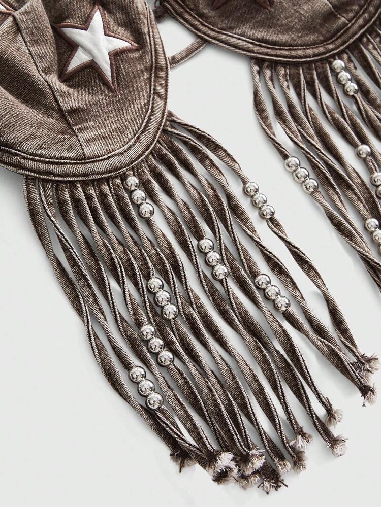 ROMWE Grunge Punk Y2K Sexy Millennium Retro Music Festival Tassel Star Applique Denim Suspender Top Party Dark Grey Summer - Brown - View 3