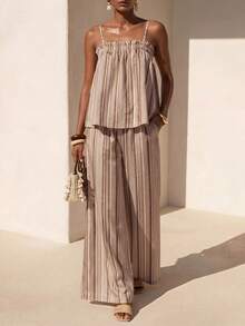Zivah New Summer Casual Vacation Commuting Loose-Fitting Beige Tank Top + Wide-Leg Pant Two Pieces Set, Suitable For Everyday Wear, Music Festivals, Boho - Multicolor - View 5