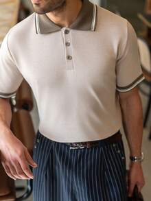 YOUESAWY YOUESAWY Men's Casual Colorblock Patchwork Short Sleeve Knit Sweater Men Summer Polo Shirts - Beige - View 5